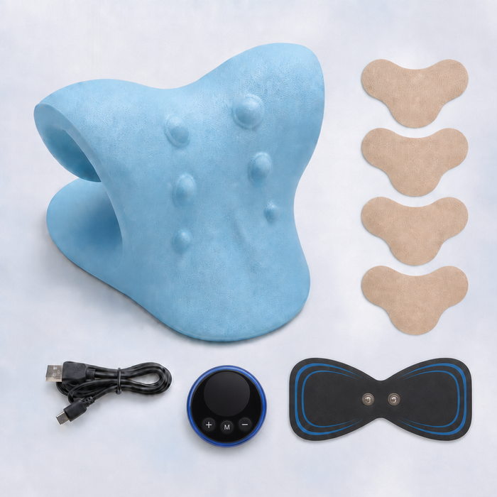Almohada cervical sujeta en la mano